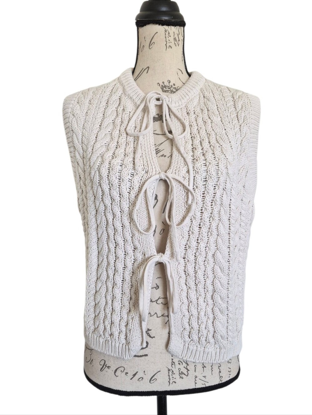 Caroline Constas Cable Knit Tie Front Sweater Vest XL Cotton Boho Cottagecore